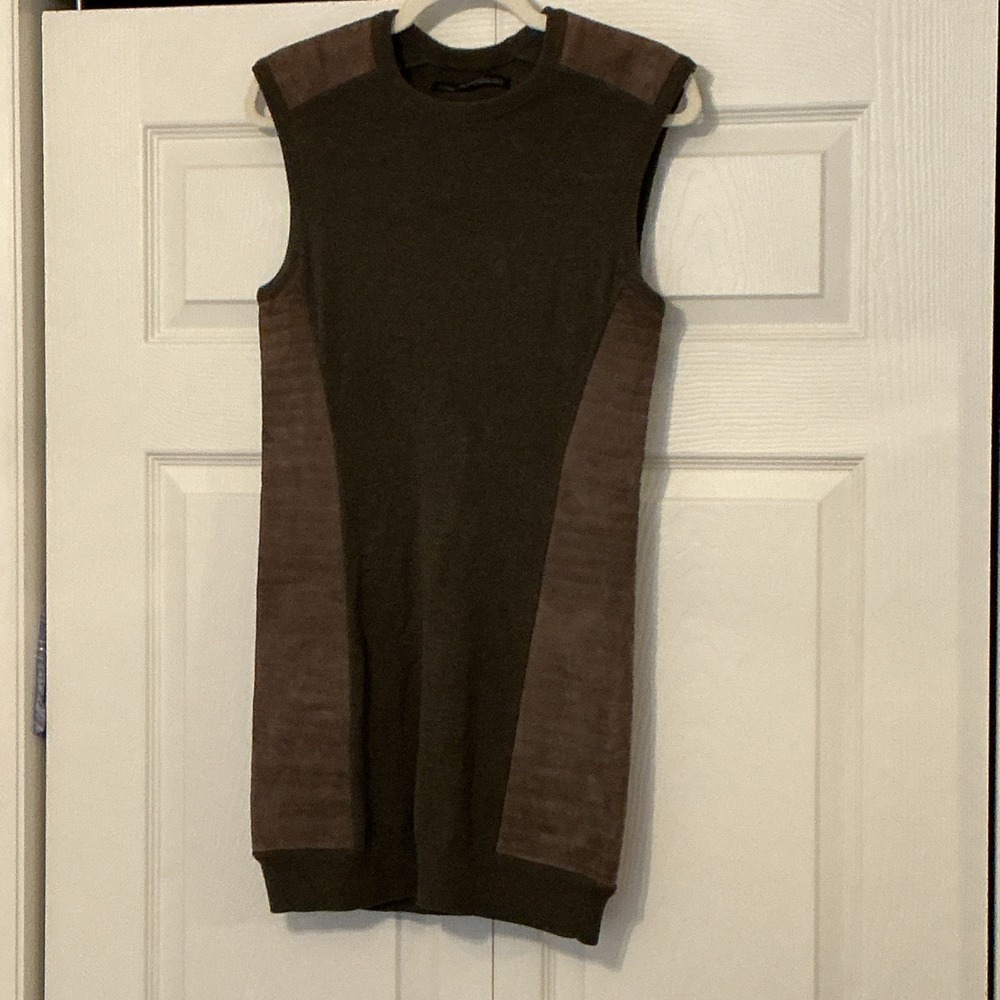 All Saints Sierre Jumper Dress Sz 4 Quilted Suede Knit Moss Green Cotton Leather